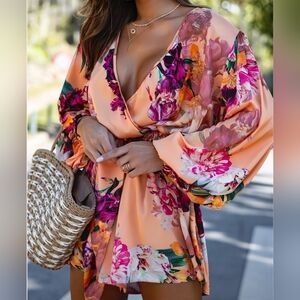 Chic floral crossover tie waist romper, 2X. New